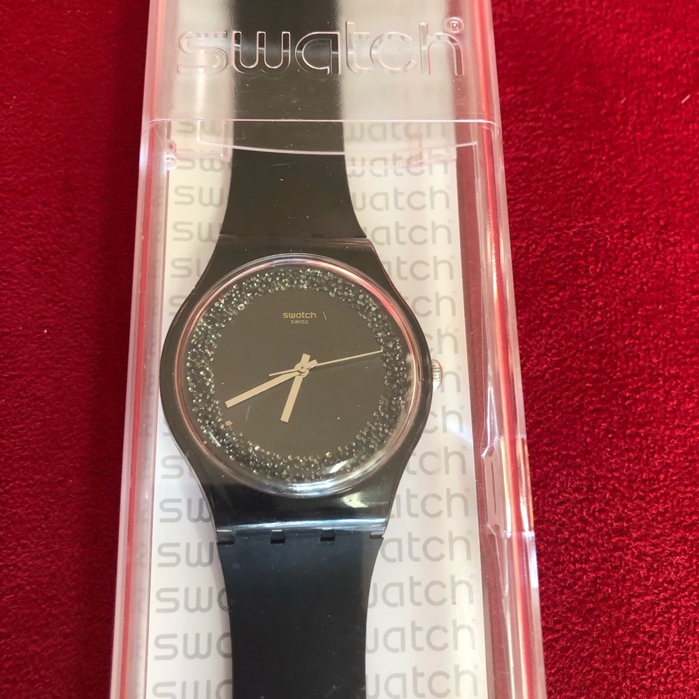 Swatch Dark Sparkles glitter black watch with case